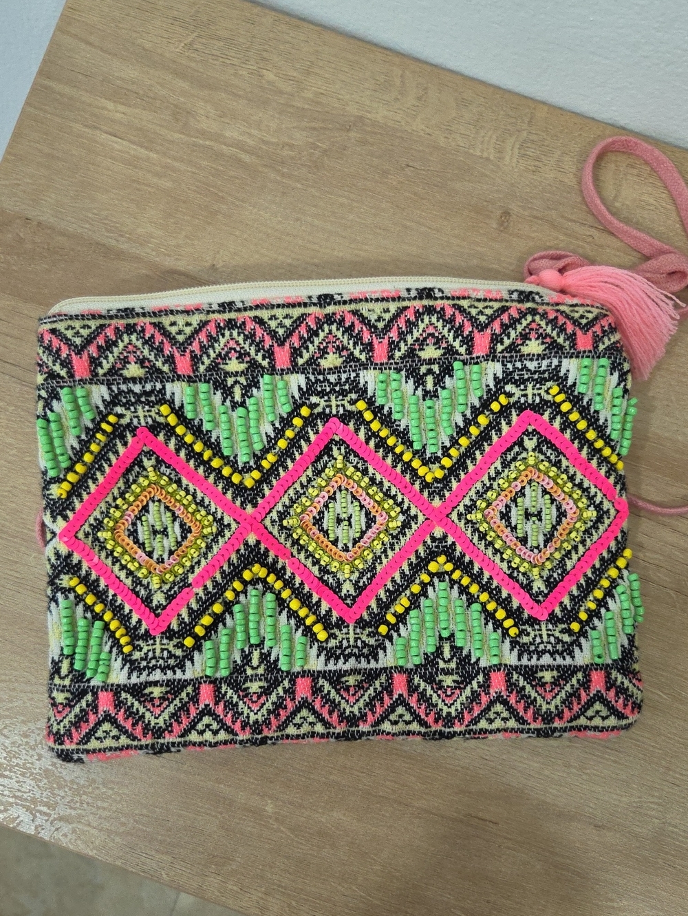 America & Beyond Embellished Neon Pink & Green Beaded Clutch